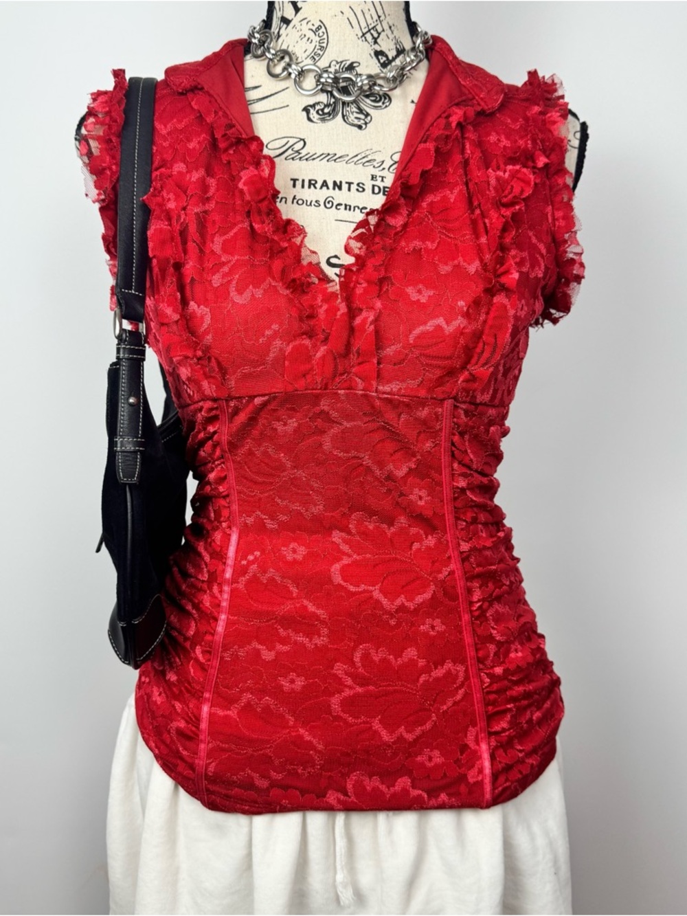 XOXO Red Floral Lace V-Neck Ruched Camisole